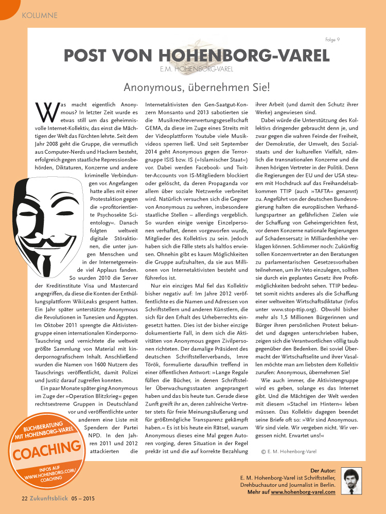 "Anonymous, übernehmen Sie!" - Folge der Kolumne "Post von Hohenborg-Varel" im ZB-Magazin 05/2015