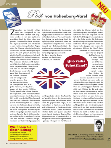 "Quo vadis Schottland" - 1. Folge der Kolumne "Post von Hohenborg-Varel" im ZB-Magazin 09/2014