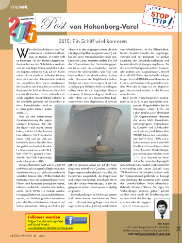 "2015: Ein Schiff wird kommen" - Folge der Kolumne "Post von Hohenborg-Varel" im ZB-Magazin 1/2015